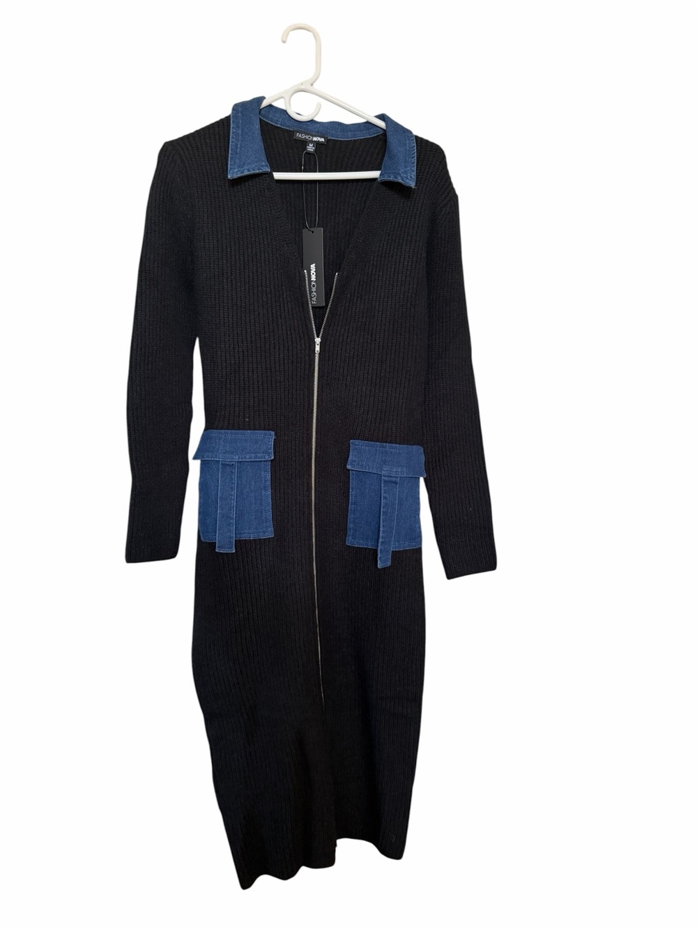 NWT Fashion Nova Black Long Sleeve Knit Dress with Blue Denim Trim
